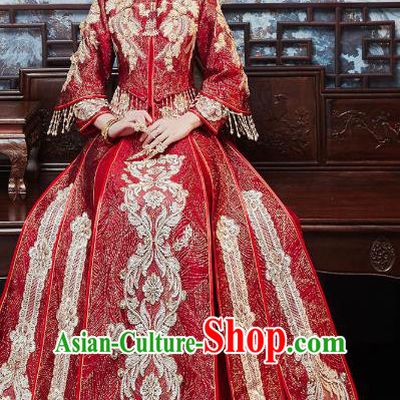Chinese Traditional Embroidered Wine Red Xiuhe Suits Wedding Dress Ancient Bride Costume for Women