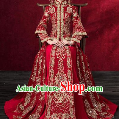 Chinese Traditional Embroidered Red Xiuhe Suits Wedding Dress Ancient Bride Costume for Women