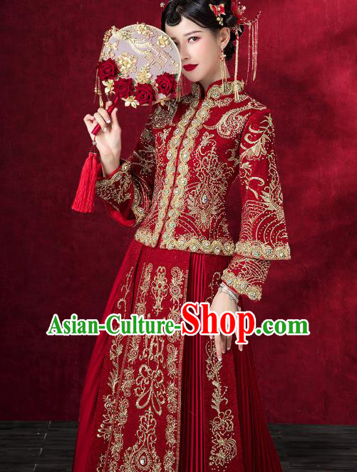 Chinese Traditional Embroidered Red Xiuhe Suits Wedding Dress Ancient Bride Costume for Women