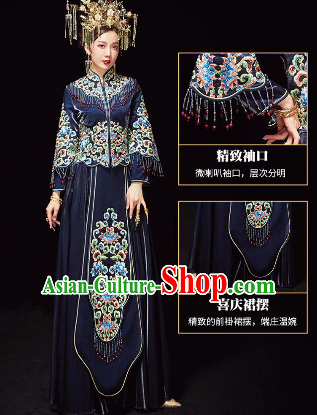 Chinese Traditional Embroidered Navy Xiuhe Suits Wedding Dress Ancient Bride Costume for Women Chinese Traditional Embroidered Navy Xiuhe Suits Wedding Dress Ancient Bride Costume for Women