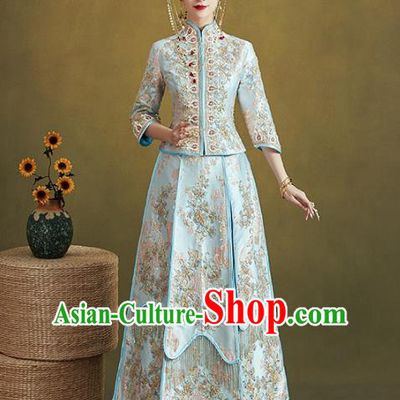 Chinese Traditional Embroidered Blue Xiuhe Suits Wedding Dress Ancient Bride Costume for Women