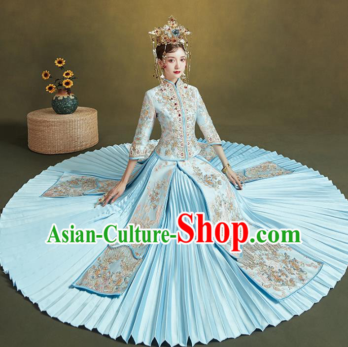 Chinese Traditional Embroidered Blue Xiuhe Suits Wedding Dress Ancient Bride Costume for Women Chinese Traditional Embroidered Blue Xiuhe Suits Wedding Dress Ancient Bride Costume for Women
