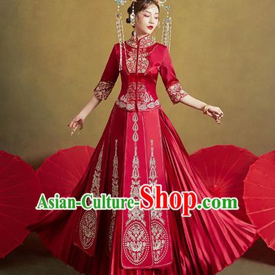 Chinese Traditional Embroidered Diamante Xiuhe Suits Wedding Dress Ancient Bride Costume for Women