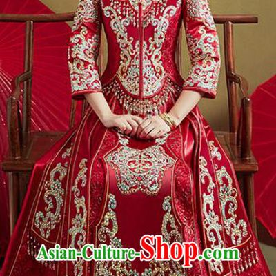 Chinese Traditional Embroidered Diamante Tassel Xiuhe Suits Wedding Dress Ancient Bride Costume for Women