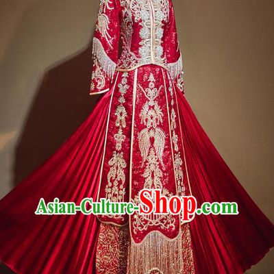 Chinese Traditional Embroidered Red Diamante Tassel Xiuhe Suits Wedding Dress Ancient Bride Costume for Women