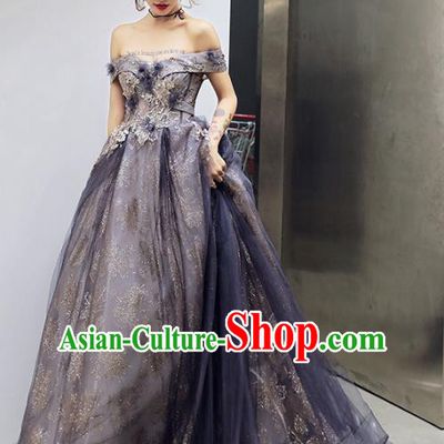 Professional Modern Dance Navy Veil Dress Compere Stage Performance Costume for Women