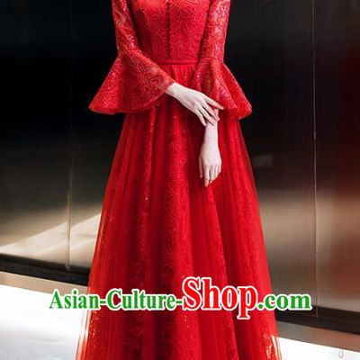 Professional Modern Dance Bride Red Lace Full Dress Compere Stage Performance Costume for Women