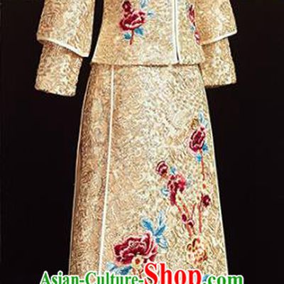 Chinese Traditional Embroidered Peony Golden Xiuhe Suits Wedding Dress Ancient Bride Costume for Women