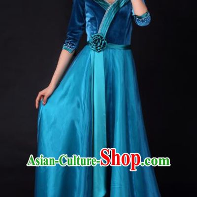 Professional Chorus Modern Dance Blue Velvet Dress Opening Dance Stage Performance Costume for Women