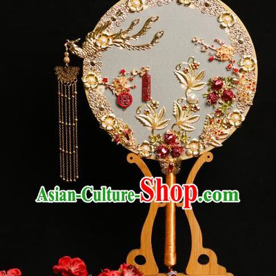 Chinese Traditional Hanfu Wedding Golden Phoenix Palace Fans Classical Round Fan for Women