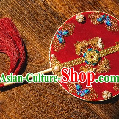 Chinese Traditional Hanfu Wedding Red Palace Fans Classical Round Fan for Women