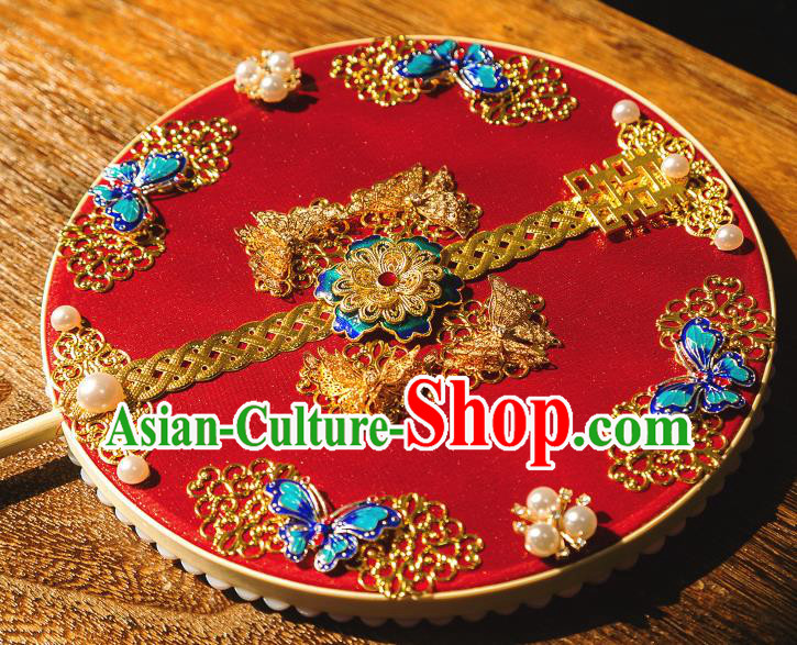 Chinese Traditional Hanfu Wedding Red Palace Fans Classical Round Fan for Women Chinese Traditional Hanfu Wedding Red Palace Fans Classical Round Fan for Women