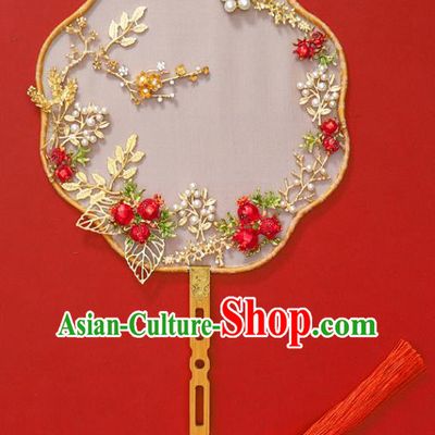 Chinese Traditional Hanfu Red Pomegranate Palace Fans Classical Wedding Round Fan for Women