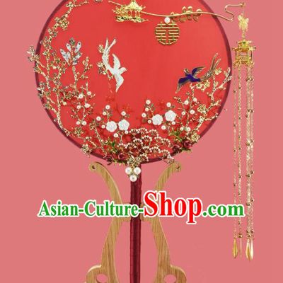 Chinese Traditional Hanfu Plum Red Palace Fans Classical Wedding Pomegranate Round Fan for Women