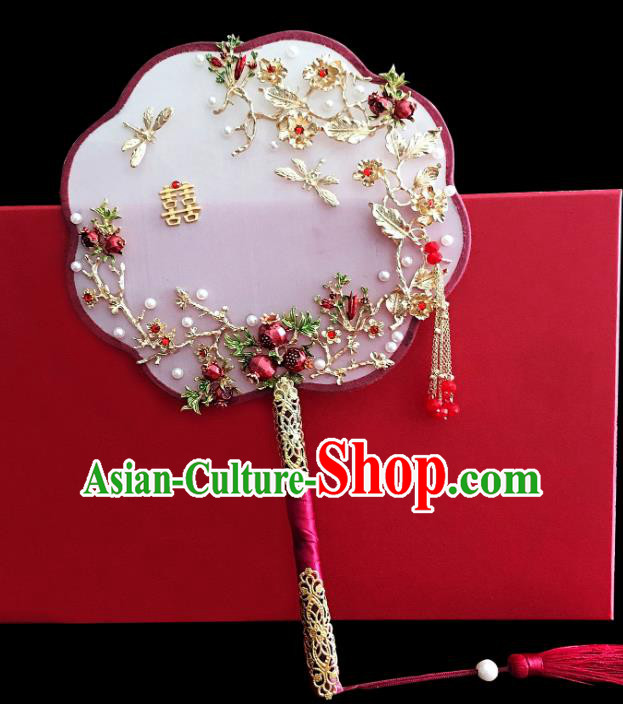 Chinese Traditional Hanfu Handmade Palace Fans Classical Wedding Pomegranate Round Fan for Women Chinese Traditional Hanfu Handmade Palace Fans Classical Wedding Pomegranate Round Fan for Women