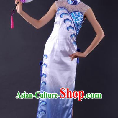 Chinese Classical Dance Fan Dance White Qipao Dress Traditional Stage Performance Costume for Women