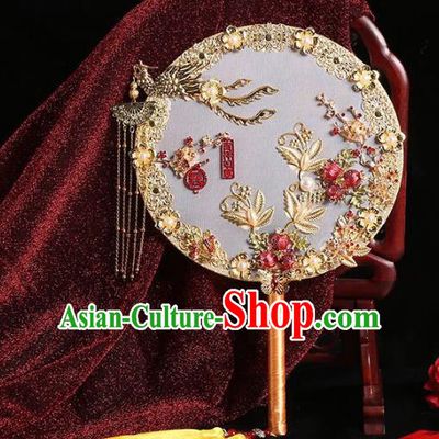 Chinese Traditional Handmade Hanfu Golden Phoenix Palace Fans Classical Wedding Round Fan for Women