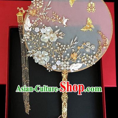 Chinese Traditional Handmade Hanfu Shell Plum Palace Fans Classical Wedding Silk Fan for Women