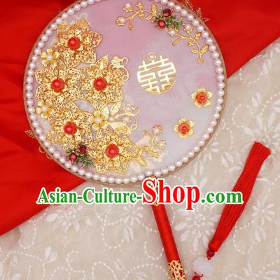 Chinese Traditional Handmade Hanfu Pearls Palace Fans Classical Wedding Silk Round Fan for Women