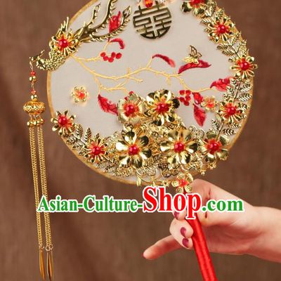Chinese Traditional Handmade Hanfu Phoenix Palace Fans Classical Wedding Silk Round Fan for Women