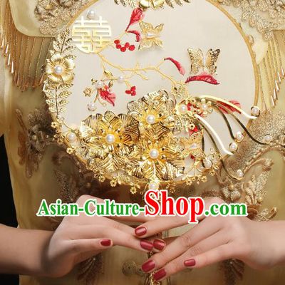 Chinese Traditional Handmade Palace Fans Classical Hanfu Wedding Silk Round Fan for Women