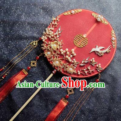 Chinese Traditional Hanfu Red Ribbon Palace Fans Classical Wedding Round Fan for Women