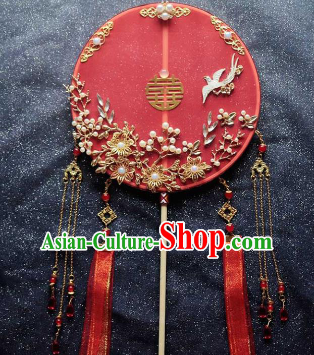 Chinese Traditional Hanfu Red Ribbon Palace Fans Classical Wedding Round Fan for Women Chinese Traditional Hanfu Red Ribbon Palace Fans Classical Wedding Round Fan for Women