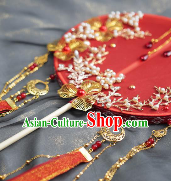 Chinese Traditional Hanfu Wedding Red Ribbon Palace Fans Classical Round Fan for Women