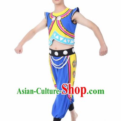 Chinese Traditional Miao Nationality Dance Blue Clothing China Folk Dance Stage Performance Costume for Men