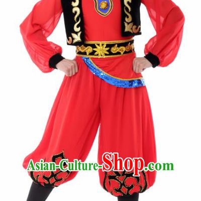 Chinese Traditional Uyghur Nationality Dance Red Clothing China Folk Dance Stage Performance Costume for Men