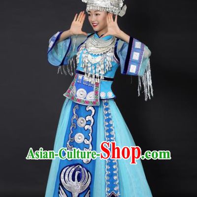 Chinese Hmong Dance Blue Dress Traditional Miao Nationality Stage Performance Costume for Women
