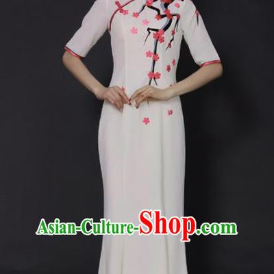 Chinese Classical Dance White Qipao Dress Traditional Fan Dance Stage Performance Costume for Women