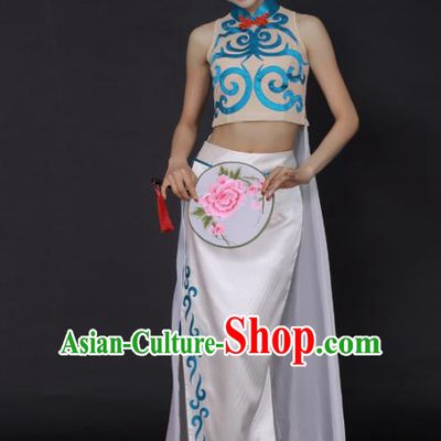 Chinese Classical Dance White Dress Traditional Fan Dance Stage Performance Costume for Women