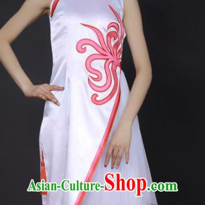 Chinese Classical Dance White Veil Short Qipao Dress Traditional Fan Dance Stage Performance Costume for Women