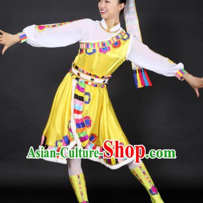 Chinese Tibetan Dance Yellow Dress Traditional Zang Nationality Stage Performance Costume for Women