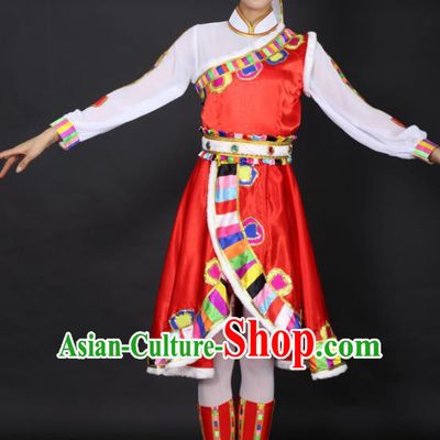 Chinese Tibetan Dance Red Dress Traditional Zang Nationality Stage Performance Costume for Women