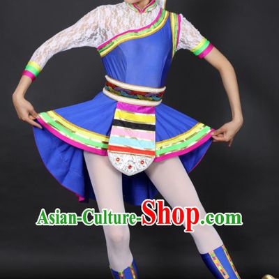 Chinese Tibetan Dance Blue Short Dress Traditional Zang Nationality Stage Performance Costume for Women