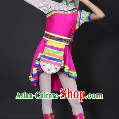 Chinese Tibetan Dance Rosy Short Dress Traditional Zang Nationality Stage Performance Costume for Women