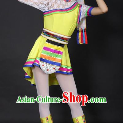 Chinese Tibetan Dance Yellow Short Dress Traditional Zang Nationality Stage Performance Costume for Women