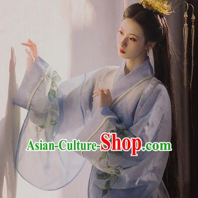 Chinese Traditional Han Dynasty Royal Princess Historical Costume Ancient Goddess Blue Hanfu Dress for Women
