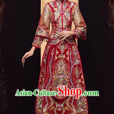Chinese Traditional Embroidered Drilling Phoenix Xiuhe Suits Wedding Dress Ancient Bride Costume for Women