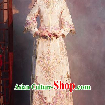Chinese Traditional Embroidered Drilling Champagne Xiuhe Suits Wedding Dress Ancient Bride Costume for Women
