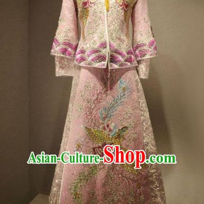 Chinese Traditional Wedding Embroidered Pink Diamante Xiuhe Suits Bride Dress Ancient Costume for Women