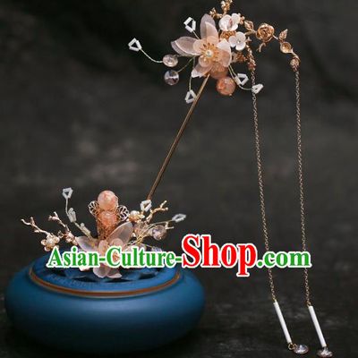 Chinese Traditional Hanfu Pink Flowers Tassel Hairpin Ancient Hair Accessories for Women