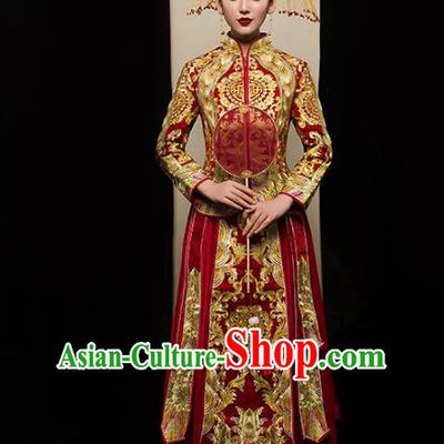 Chinese Traditional Golden Embroidered Xiuhe Suits Wedding Dress Ancient Bride Costume for Women