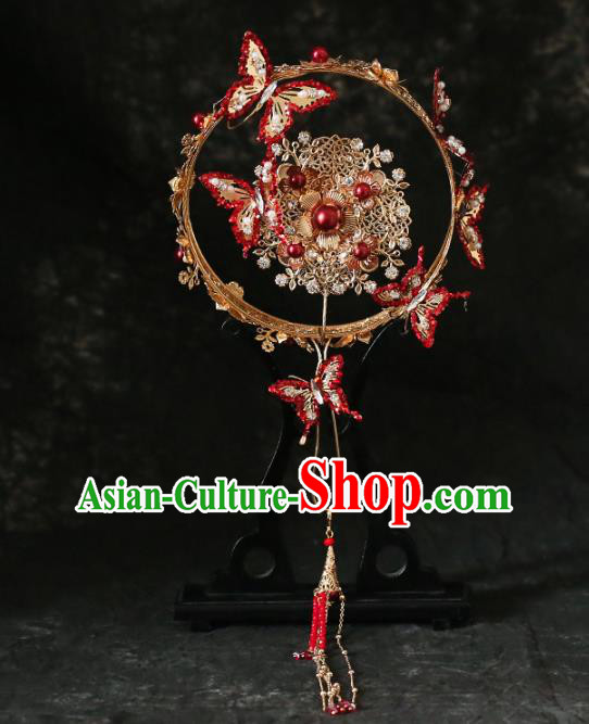 Chinese Traditional Red Butterfly Palace Fans Handmade Classical Hanfu Wedding Fan for Women Chinese Traditional Red Butterfly Palace Fans Handmade Classical Hanfu Wedding Fan for Women