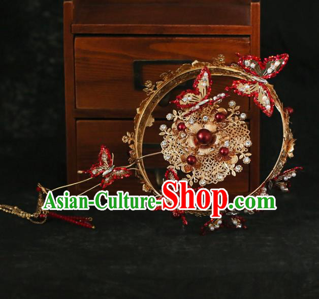 Chinese Traditional Red Butterfly Palace Fans Handmade Classical Hanfu Wedding Fan for Women Chinese Traditional Red Butterfly Palace Fans Handmade Classical Hanfu Wedding Fan for Women