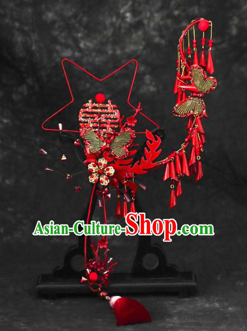 Chinese Traditional Red Tassel Palace Fans Handmade Classical Hanfu Wedding Fan for Women Chinese Traditional Red Tassel Palace Fans Handmade Classical Hanfu Wedding Fan for Women