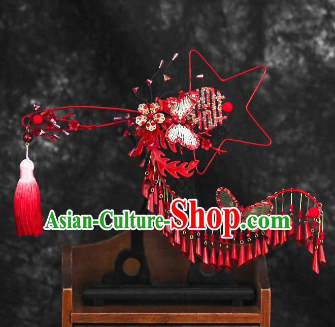 Chinese Traditional Red Tassel Palace Fans Handmade Classical Hanfu Wedding Fan for Women Chinese Traditional Red Tassel Palace Fans Handmade Classical Hanfu Wedding Fan for Women