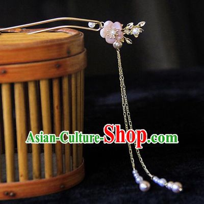 Chinese Traditional Hanfu Pink Plum Tassel Hairpins Ancient Hair Accessories for Women
